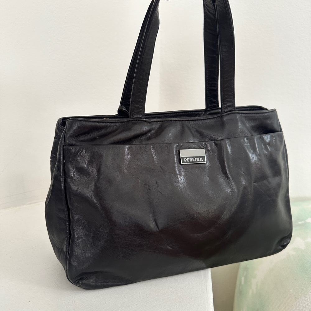 PERLINA 🖤 Supple Leather Black Tote vintage handbag 90s Y2K EUC